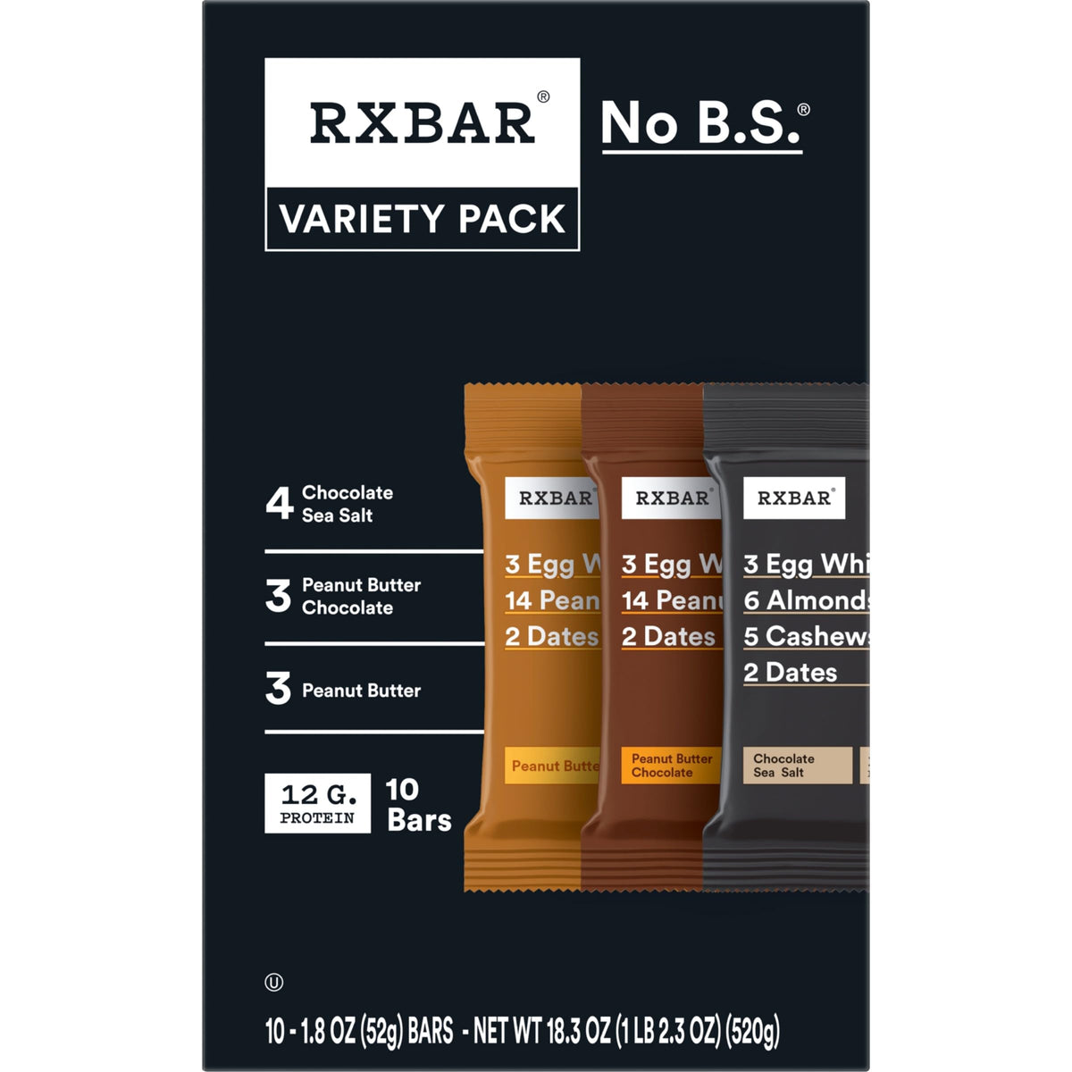 RXBAR Gluten-Free Protein Bars, 3-Flavor Variety, 10-Pack