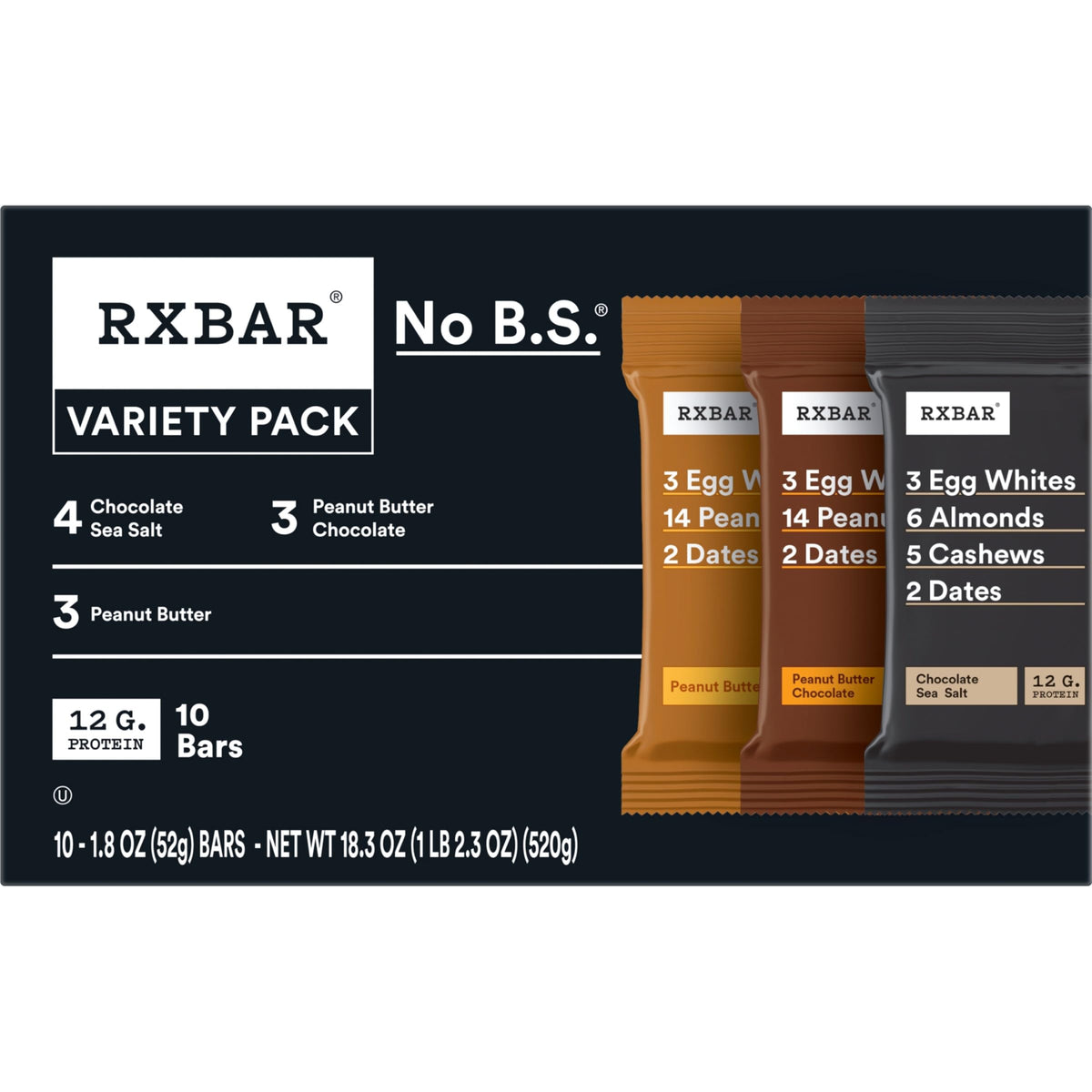 RXBAR Gluten-Free Protein Bars, 3-Flavor Variety, 10-Pack