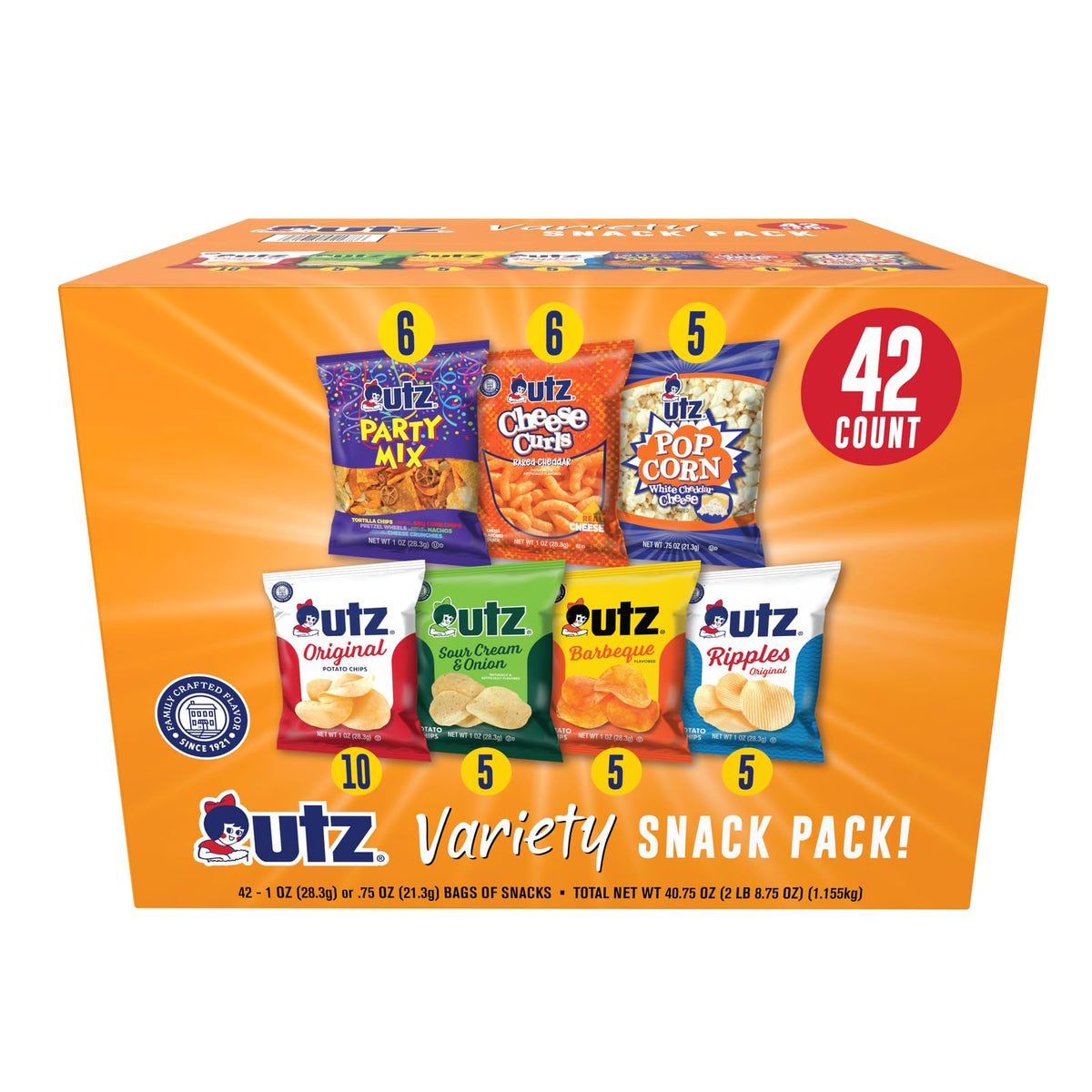 Utz Chips, Curls & Popcorn Snack Variety Pack, 42 Count