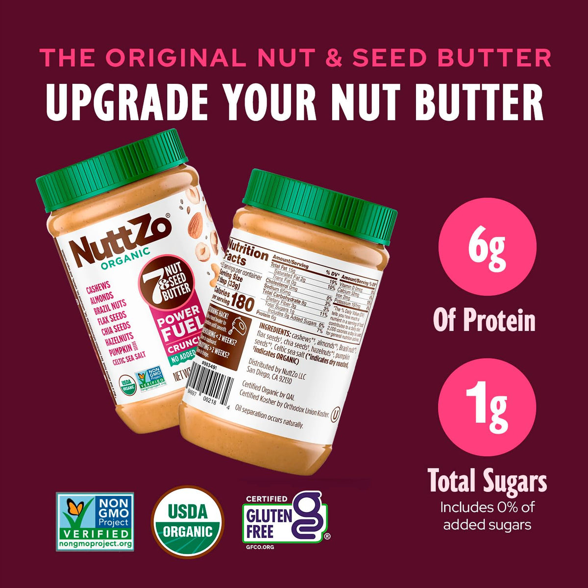 NuttZo Organic Power Fuel Crunchy 7-Nut & Seed Butter, 26 oz