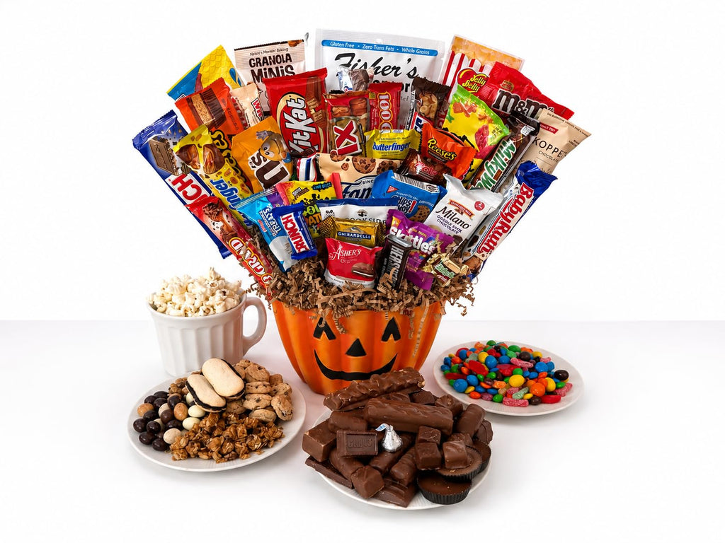 Halloween Pumpkin Gift Basket with Candy, Cookies & Snacks